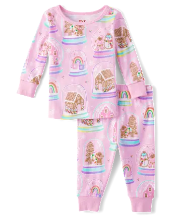 Baby And Toddler Girls Mommy And Me Gingerbread Snow Globe Snug Fit Cotton Pajamas - pink