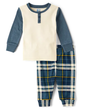 Baby And Toddler Boys Plaid Snug Fit Cotton Henley Pajamas - blue