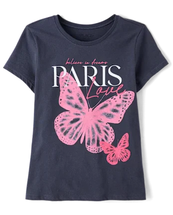 Girls Butterfly Paris Graphic Tee - gray