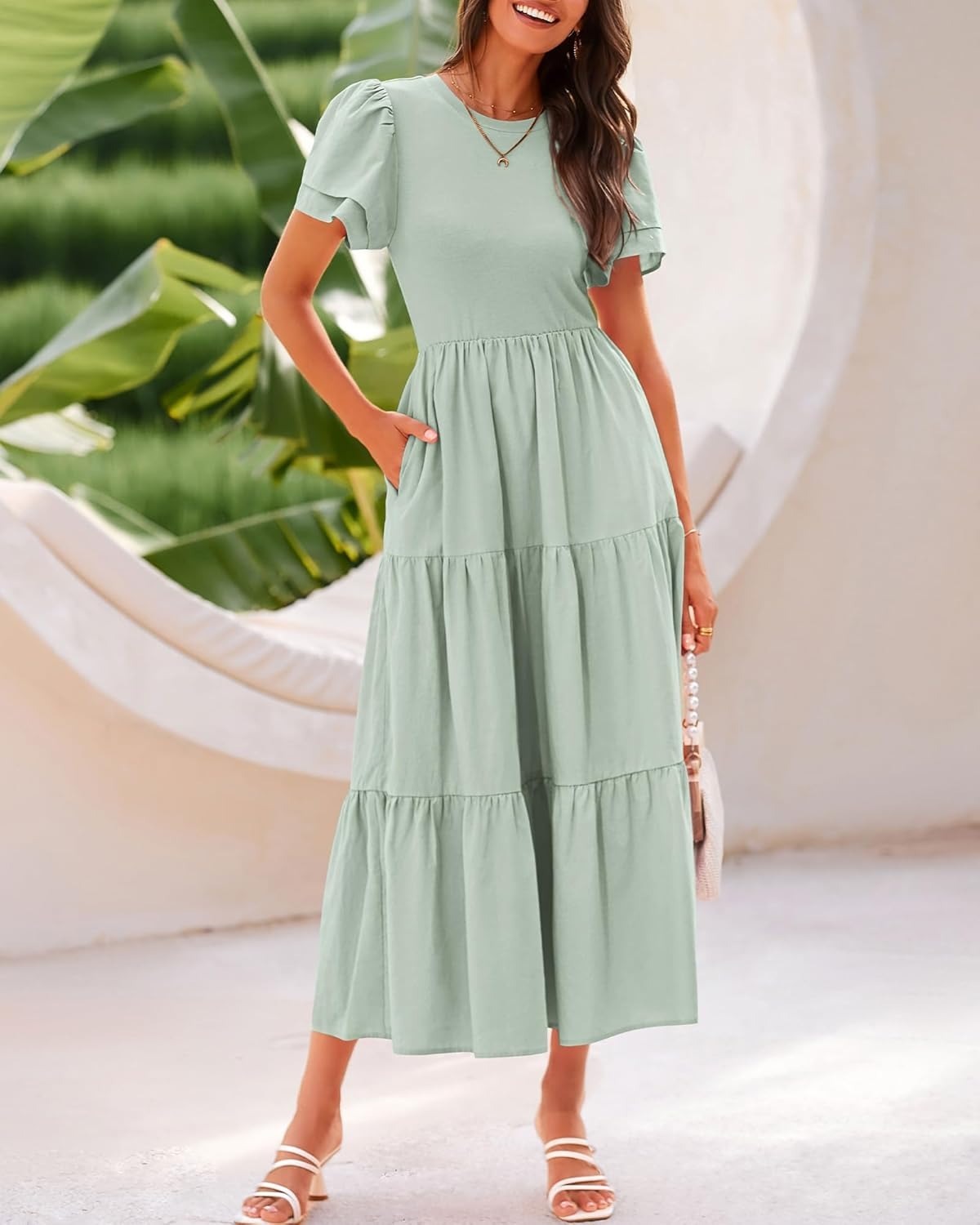 ✨Crewneck Short Sleeve Boho Tiered Maxi Dress with Pockets (Buy 2 Free Shipping!!!)