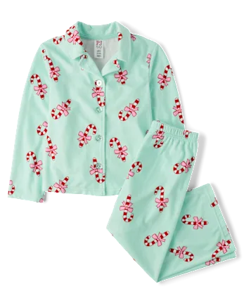 Girls Holiday Candy Cane Velour Button Front Pajamas - green
