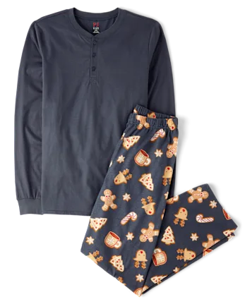 Mens Matching Family Gingerbread Cotton Henley Pajamas - gray