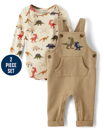 Baby Boys Embroidered Dino Overalls 2-Piece Playwear Set - brown