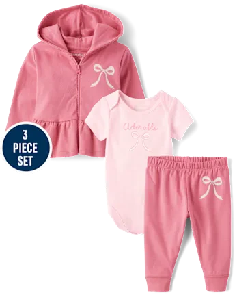 Baby Girls Bow 3-Piece Outfit Set - pink
