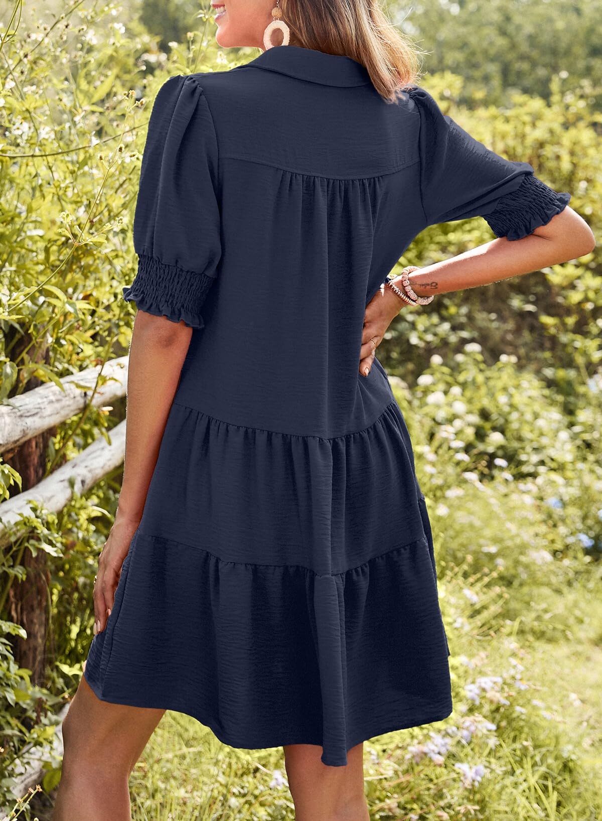 📣Smocked Sleeve Tiered V-Neck Mini Dress (Buy 2 Free Shipping)