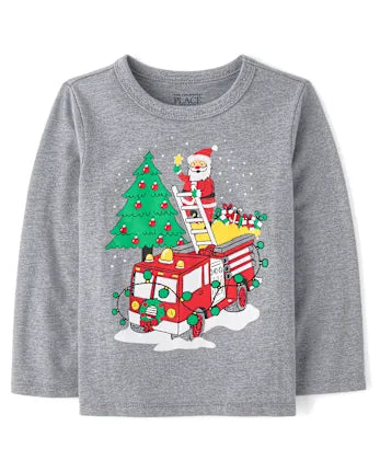 Baby And Toddler Boys Christmas Santa Firetruck Graphic Tee - gray