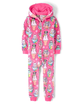 Girls Winter Dessert One Piece Pajamas - Cozy Fleece - pink
