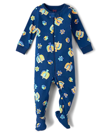 Baby And Toddler Matching Family Hanukkah Snug Fit Cotton Footed One Piece Pajamas - blue