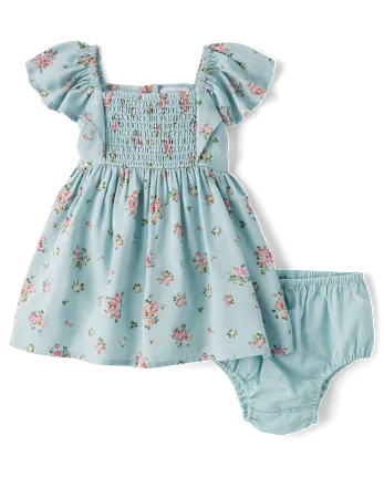 Baby Girls Floral Flutter Dress - blue
