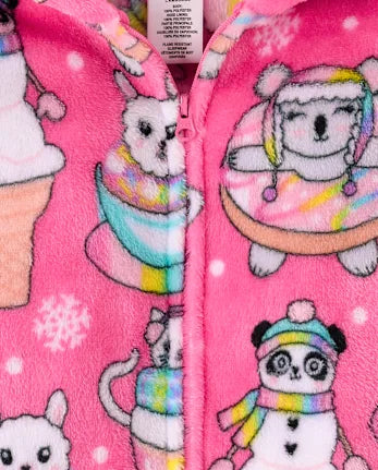 Girls Winter Dessert One Piece Pajamas - Cozy Fleece - pink