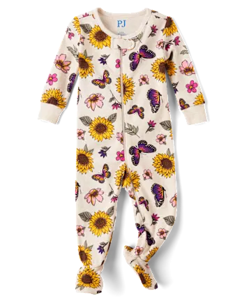 Baby And Toddler Girls Sunflower Snug Fit Cotton Footed One Piece Pajamas - tan