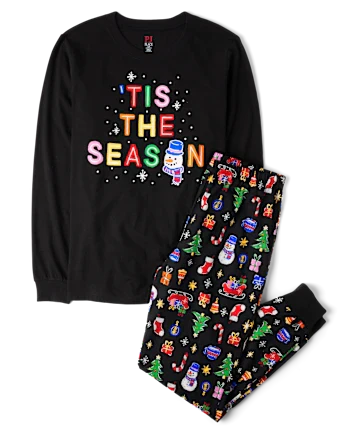Adult Matching Family Glow Tis The Season Cotton Pajamas - black