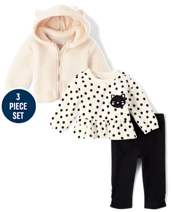 Baby Girls Applique Cat 3-Piece Outfit Set - white