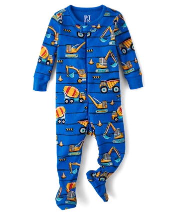 Baby And Toddler Boys Construction Vehicles Snug Fit Cotton Footed One Piece Pajamas - blue