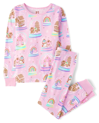 Girls Mommy And Me Gingerbread Snow Globe Snug Fit Cotton Pajamas - pink