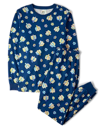 Adult Matching Family Glow Hanukkah Cotton Pajamas - blue
