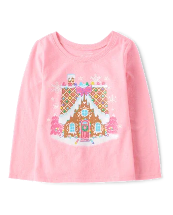 Baby And Toddler Girls Christmas Gingerbread House Graphic Tee - pink