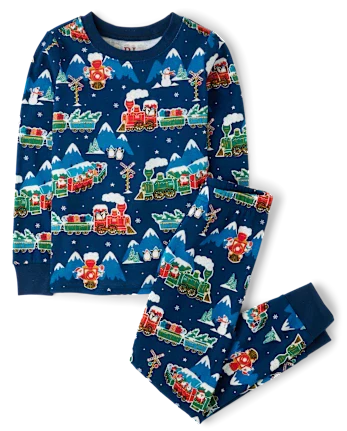 Kids Glow Holiday Train Snug Fit Cotton Pajamas - blue