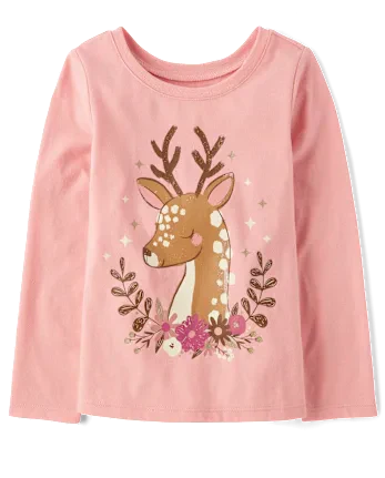 Baby And Toddler Girls Floral Deer Graphic Tee - pink