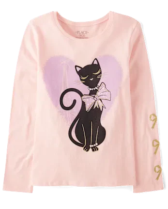 Girls Ribbon Cat Graphic Tee - pink