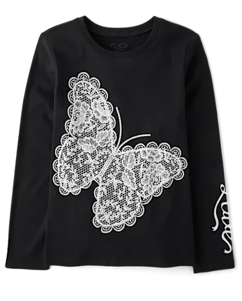 Girls Lace Butterfly Graphic Tee - black