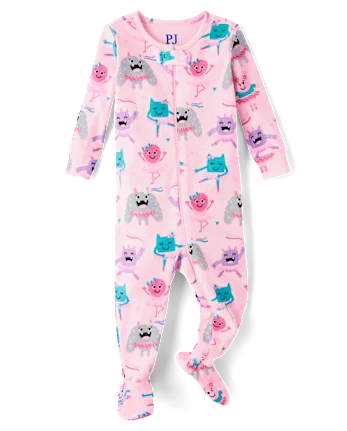 Baby And Toddler Girls Monster Ballerina Snug Fit Cotton Footed One Piece Pajamas - pink
