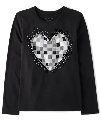 Girls Disco Heart Graphic Tee - black