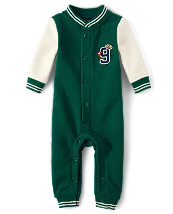 Baby Boys Embroidered Varsity Premium Fleece Romper - green