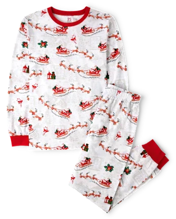 Adult Matching Family Santa Sleigh Cotton Pajamas - white