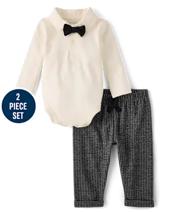 Baby Boys Polo Bodysuit 2-Piece Outfit Set - black