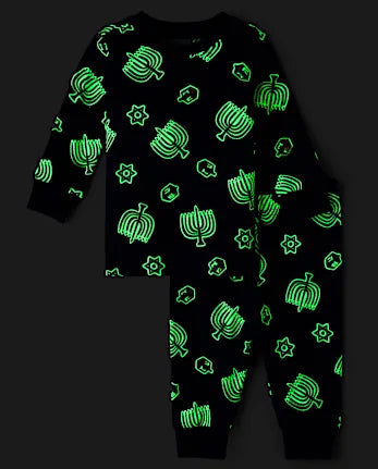 Baby And Toddler Matching Family Glow Hanukkah Snug Fit Cotton Pajamas - blue