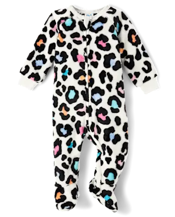 Baby And Toddler Girls Rainbow Leopard Fleece Footed One Piece Pajamas - white