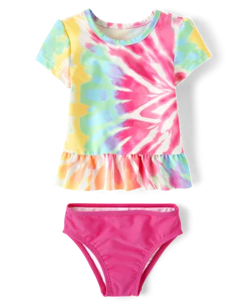Baby And Toddler Girls Rainbow Tie Dye Peplum Rashguard Swimsuit - pink