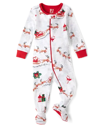 Baby And Toddler Matching Family Santa Sleigh Snug Fit Cotton Footed One Piece Pajamas - white