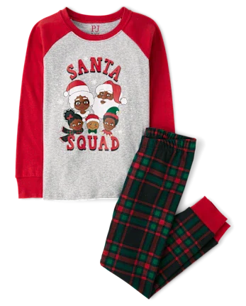 Kids Matching Family Santa Squad Snug Fit Cotton Pajamas - black