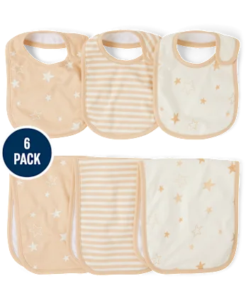Baby Star Bib And Burp Cloth 6-Piece Set - tan
