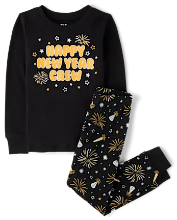 Kids Matching Family Glow New Year Cotton Pajamas - black