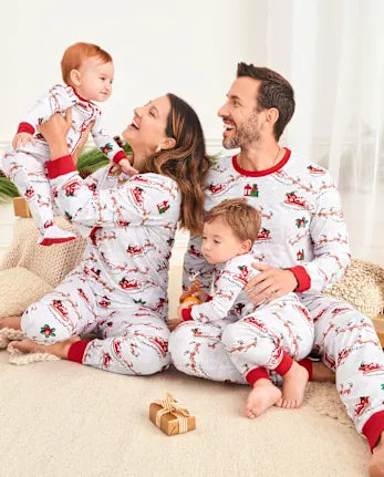 Baby And Toddler Matching Family Santa Sleigh Snug Fit Cotton Footed One Piece Pajamas - white