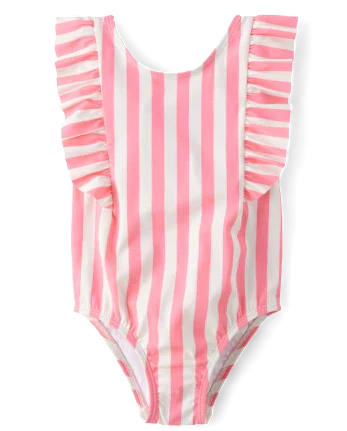 Baby And Toddler Girls Striped Flutter One Piece Swimsuit - pink