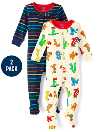 Baby And Toddler Dino Alphabet Striped Snug Fit Cotton Footed One Piece Pajamas 2-Pack - white