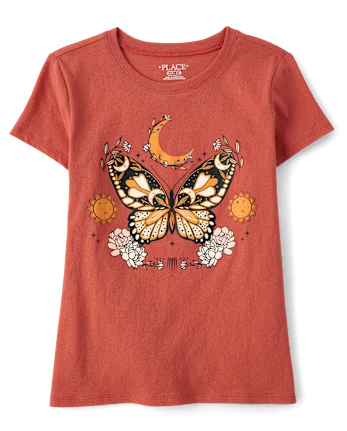 Girls Butterfly Moon Graphic Tee - orange