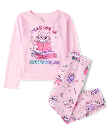 Girls Cat Reading Pajamas - pink