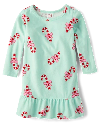 Baby And Toddler Girls Holiday Candy Cane Velour Nightgown - green