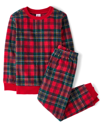 Kids Matching Family Tartan Plaid Microfleece Pajamas - red