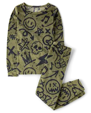 Boys Graffiti Velour Pajamas - green