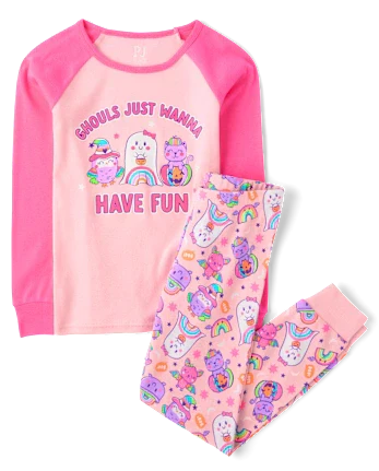 Girls Glow Ghouls Wanna Have Fun Snug Fit Cotton Pajamas - pink
