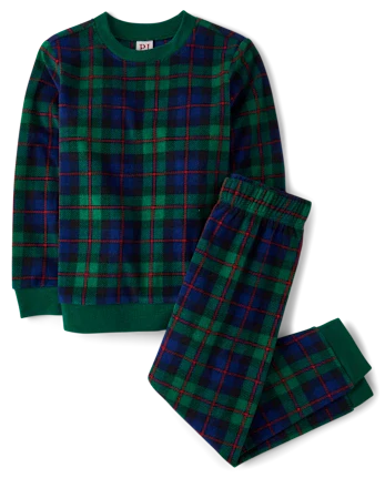 Kids Matching Family Tartan Plaid Microfleece Pajamas - green