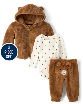 Baby Boys Embroidered Bear 3-Piece Playwear Set - brown