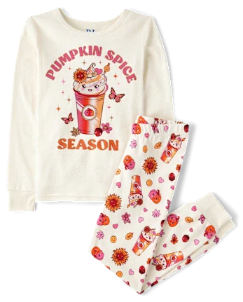 Girls Pumpkin Spice Season Snug Fit Cotton Pajamas - white