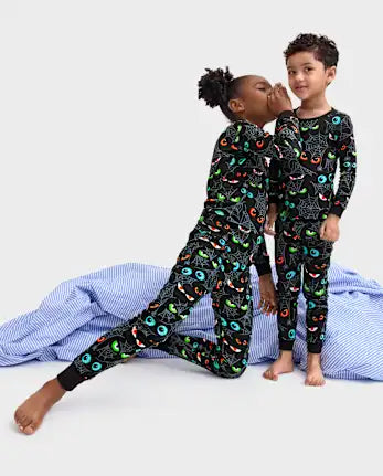 Kids Glow Eyes Snug Fit Cotton Pajamas - black